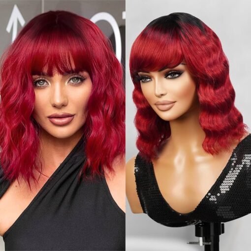 10 Inch Deep Wave Human Hair Bob Wigs With Hair Bangs For Women Black Women Deep Wavy Wig With Bangs Human Hair Non Lace Front Wigs Garnet (10 Inch, MI1604264