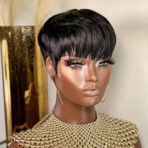 100% Human Hair Short Black Wavy Wigs For Women Black Women Pixie Cut Wigs With Bangs MI1603096