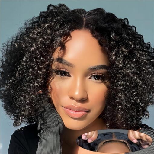 12 Inch Curly Glueless Wigs Human Hair Pre Plucked Pre Cut Lace Glueless Bob Kinky Curly Wig Human Hair Wigs For Women Women Wear And Go Bob Wigs No Glue MI1604661