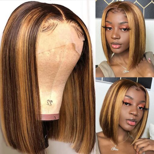 12 Inch Ombre Lace Front Bob Wig Highlight Brown Human Hair Wig For Women Black Women MI1602993