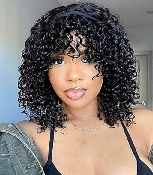 12" Short Curly Human Hair Wig With Bangs Curly Bob Wigs For Women Black Women Brazilian Human Virgin Hair Short Black Bob Wig With Bangs Human Hair Water MI1602310