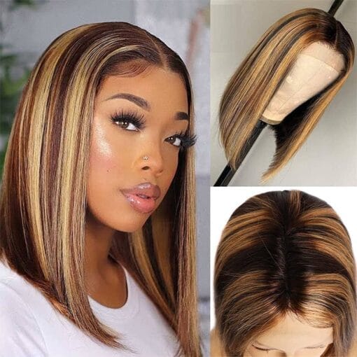 12Inch Ombre Blonde Human Hair Wig Short Bob Highlight Human Hair Wigs 4×1 T Middle Part Lace Closure Ombre P4/27 Human Hair Wig For Women Black Women MI1611171