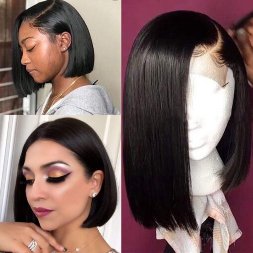 13X4 Black Lace Front Wig Human Hair 16 Inch Silky Straight Bob Wigs For Women Women Pre Plucked 180% Density Frontal Bob Wig Free Part Can Be Restyled MI1602334