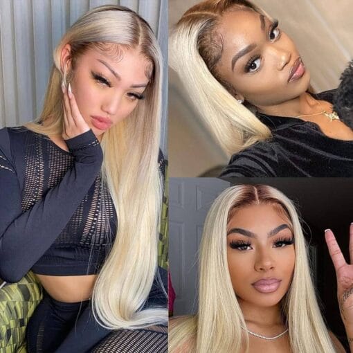 13X4 Dark Roots Blonde Lace Front Wig Human Hair 1B613 Ombre Blonde Lace Frontal Wigs Colored For Women Black Women 150% Density Glueless Straight Lace MI1610277