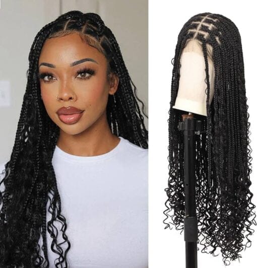 13X8 Inch Hd Lace Front Boho Knotless Box Braided Wigs For Women Women 36" Braided Wig With Baby Hair Braid Lace Front Wig With Curly Ends Black Human Hair MI1602183