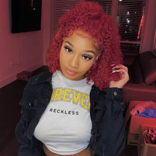 14 Inch Red Curly Bob Lace Frontal Human Hair Wig 150 Density Brazilian 99J Burgundy Curly Wave 13X4 Full Lace Front Bob Wigs Human Hair (99J,14) MI1610521