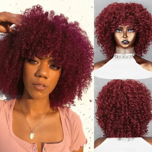 14 Inch Wine Red Short Curly Hair Wig With Bangs, Soft MI1610267