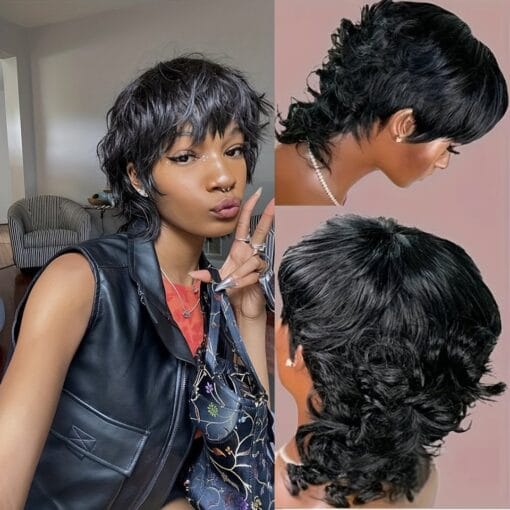 150% Human Hair Wig Pixie Cut With Bangs Wigs For Women Women Mullet Wig Long Wig Non Lace Wig Human Hair Wig Natural Black MI1605027