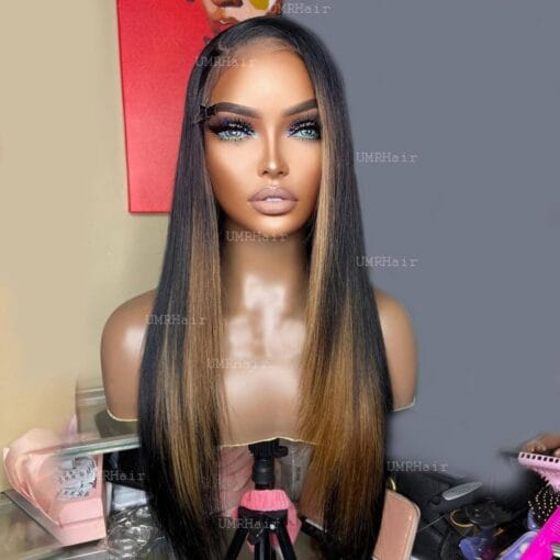 16Inch 13X6 Lace Front Wigs Human Hair For Women Women 150Density Long Straight Brown Highlight Layered Lace Front Human Hair Wig With Baby Hair Layered MI1604092