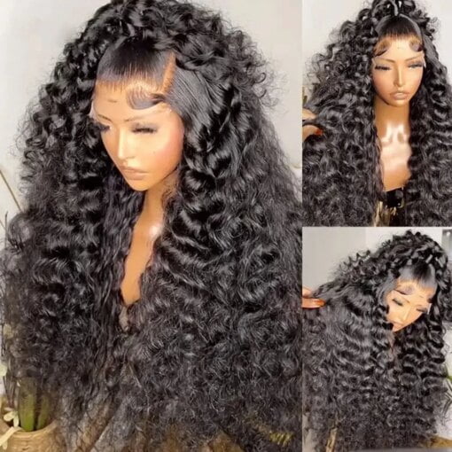 180Density 360 Curly Human Hair Wigs Black Water Wave Lace Closure Wig 13X4 Hd Deep Wave Lace Frontal Wig For Women Black Women MI1602243