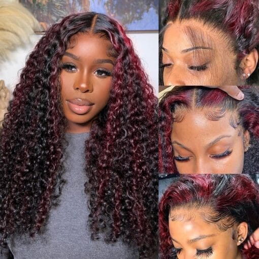 18Inch Skunk Stripe Wig Burgundy With Black Highlights Deep Wave Lace Front Wig Human Hair 13X4 Balayage Hd Lace Colored Wet And Wavy Wigs Pre Plucked MI1611251