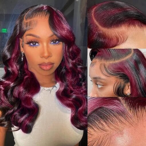 18Inch Skunk Stripe Wig Red With Black Highlights Body Wave Lace Front Wig Human Hair 13X4 Hd Lace Front Wig Burgundy Colored Body Wave Wigs Pre MI1611359