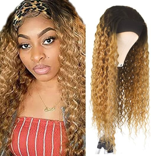 1B27 Honey Blonde Headband Wigs Human Hair Deep Wave Ombre Headband Wig Tow Tone Human Hair Wigs 130% Density Grade 8A Brazilian Remy Human Hair Wigs MI1611975