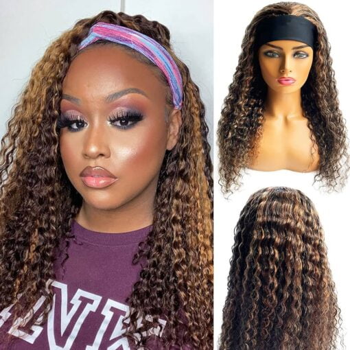 1B30 Curly Headband Wigs 10A Human Hair Half Wigs For Women Black Women Colored Brown Highlights Natural Hair None Lace Front Wigs Deep Wave Real Remy Hair MI1603973