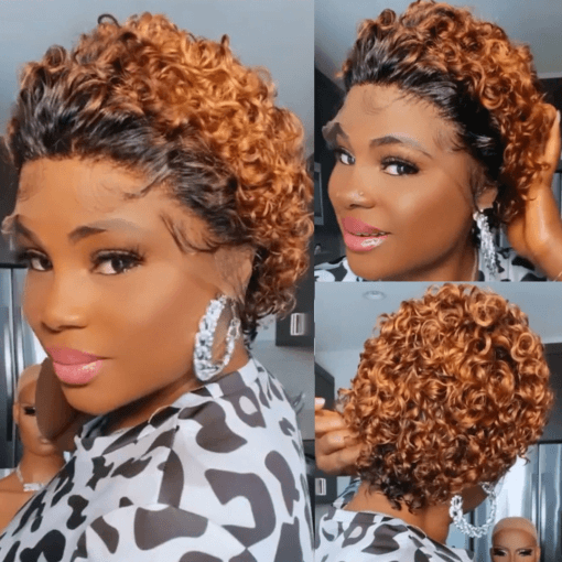 1B/33 Color Short Curly Bob Pixie Cut Wigs 13×1 Lace Frontal MI1602546