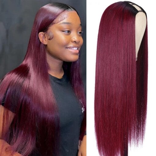 1B/99J Burgundy Ombre Human Hair Straight New U Part Wig MI1611315