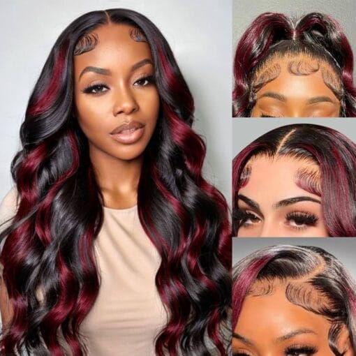 1B/99J Ombre Burgundy Skunk Stripe Wig Lace Front Human Hair 13X4 Body Wave Red Highlight Wig Human Hair Colored Black And Red Lace Front Wig Human MI1611240