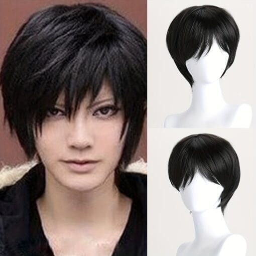 1Pc Men'S Wig Anime Cosplay Short Black Wig, Black Heat Resistant Synthetic Hair Halloween Party Wigs + Wig Cap, Ideal Choice For Women Gifts MI1611412