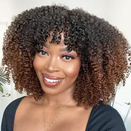 200% Density Ombre Human Hair Wigs Afro Kinky Curly Two Tone Wig With Bangs Brazilian Virgin Human Hair Machine Scalp Top Ombre Bang Wig Glueless For Women MI1611703