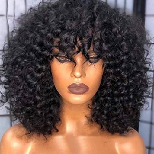 200 Density Scalp Top Curly Full Machine Made Human Hair Wigs With Bangs Remy Brazilian Short Curly Wig For Women Women (14 Inch) MI1602480