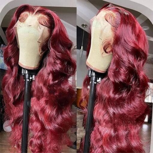 200% Density13X4 Burgundy Body Wave Lace Front Wig Human Hair With Baby Hair Pre Plucked 99J Hd Transparent Lace Frontal Human Hair Wigs For Women Women 99J MI1611330