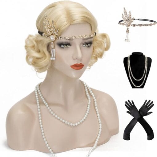 20S Finger Wave Wig Women Blonde Flapper 1920S Vintage Wig Lady Short Curly Wig Halloween Party Cosplay Costume Synthetic Hair Wig + Accessories MI1611216