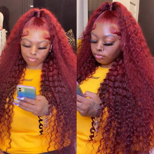 220% Red Colored Deep Wave Lace Frontal Wig Brazlian 30 34 MI1606104