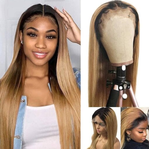 22Inch Human Hair Wigs 2 Tones Ombre Blonde Dark Roots 13X4 Lace Front Wig Deep Parting Pre Plucked Natural Hairline Straight Glueless 1B/27 Lace MI1611702