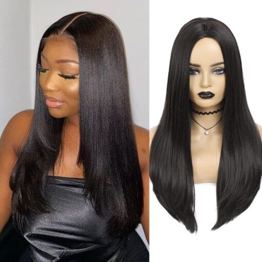 24In Long Straight Synthetic Wig Black Women Dark Brown Heat Resistant Hair Wig MI1607762