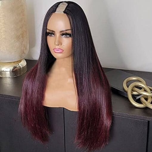 24Inch Straight U Part Wig Human Hair 1B/99J Burgundy Ombre U Part Wig 130% Colored 4X1Inch Small Leave Out Middle Part Wine Red Upart Wig Full Head MI1611310