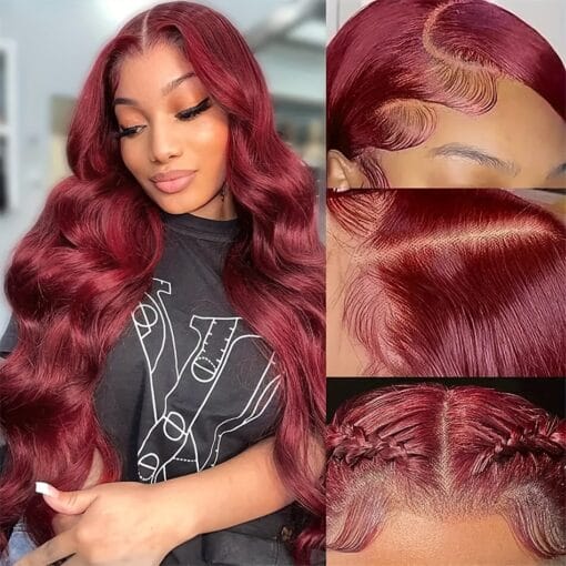 250% Density Body Wave Wig Burgundy Lace Front Wig Brazilian Remy 13X4 Glueless 99J Red Burgundy Lace Front Human Hair Wigs For Women Women MI1611355