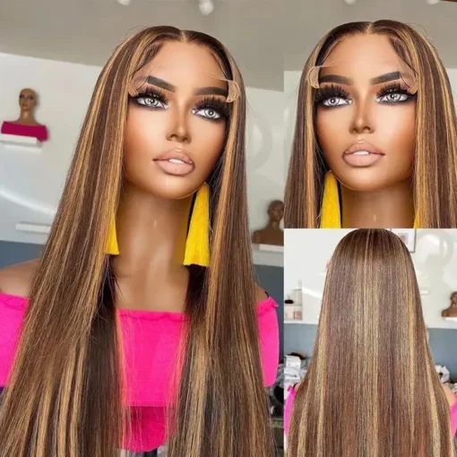 26 Inch Highlights Straight Lace Front Human Wig For Women Women MI1604507