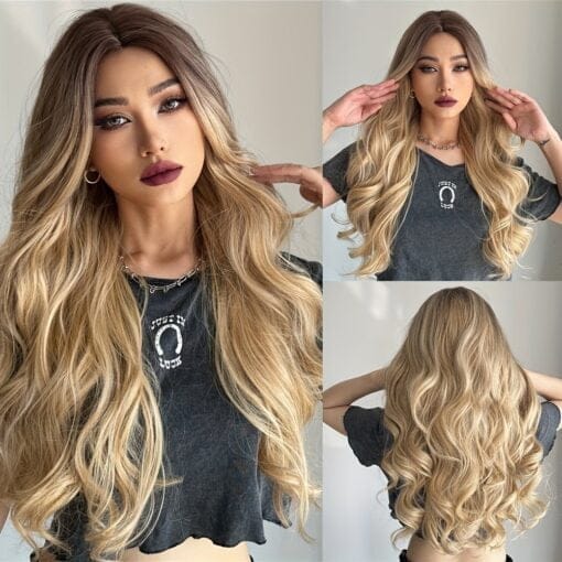 26 Inch Long Ash Blonde Wig With Natural Wavy Hair Perfect For Women Daily Wear And Middle Part Style MI1603371