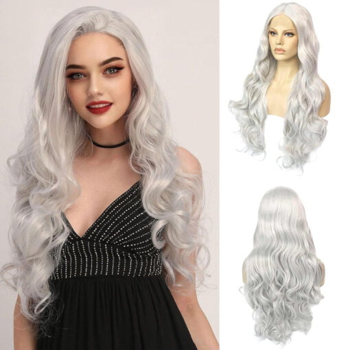 26 Inch Silver Gray Lace Front Wig+Wig Cap Long Wavy Silver MI1604494