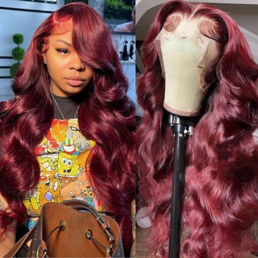 28 Inch 99J Burgundy Body Wave Lace Front Wigs Human Hair 180 Density 13X4 Hd Transparent Lace Frontal Wigs Glueless Wine Red Lace Front Wigs MI1611329