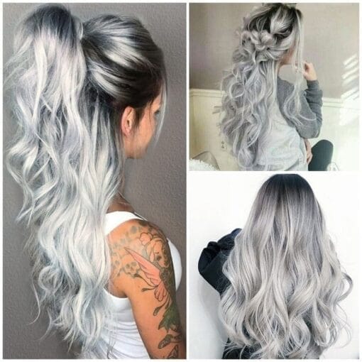 28" Ladies Full Wigs Hair Long Wavy Gray Silver Wig MI1611986