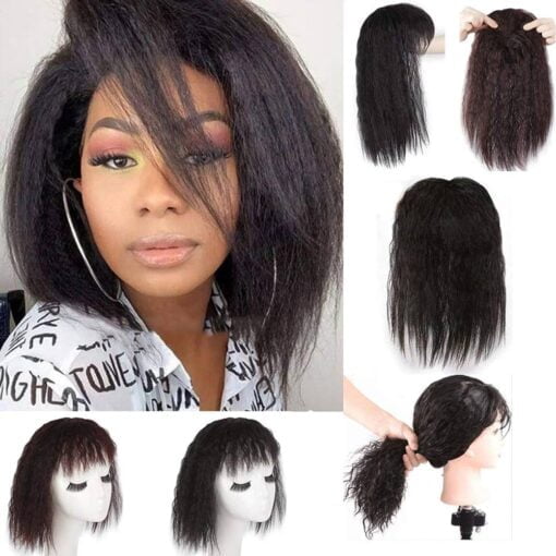 3.15"X4.72" Fluffy Curly Hair Topper Kinky Straight Human Hair Topper With Bangs Top Hairpiece Clip In Topper Wiglets Topper Hair Piece For Women Women With MI1605473