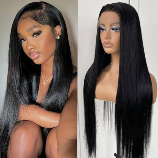 32Inch Long Straight Lace Front Wigs Natural Black Glueless Straight Hair Lace Front Wig Pre Plucked Synthetic Hd Lace Front Wig For Women Black Women MI1610909