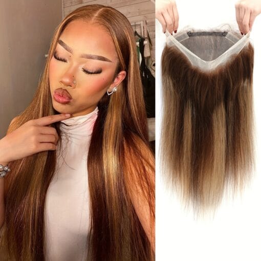 360 Lace Frontal Closure P4/27 Color Straight Human Hair Closure And Bundles Free Part Hairline With Baby Hair Ombre Highlight Brown Honey Blonde 360 Frontal Closure Only, Not A Wig MI1612054