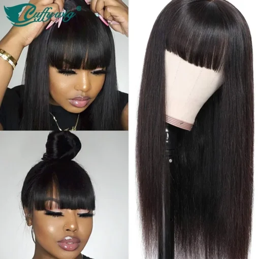 360 Lace Silky Straight Wigs With Bangs 136 Lace Front Wig Brazilian Human Hair MI1602509