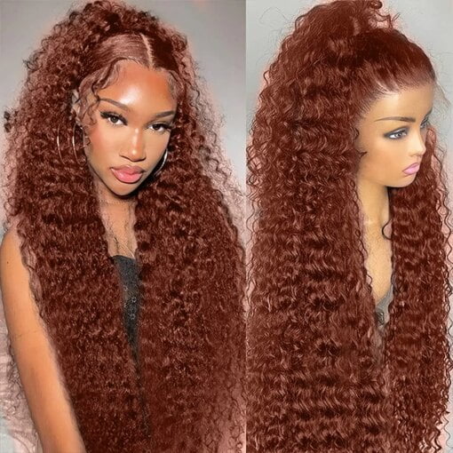 40 Inch Brazilian Glueless Reddish Brown Deep Wave Frontal Wig 250 Density Copper Red Curly Simulation Human Hair Wig 13X4 Hd Lace Frontal Wig MI1603075