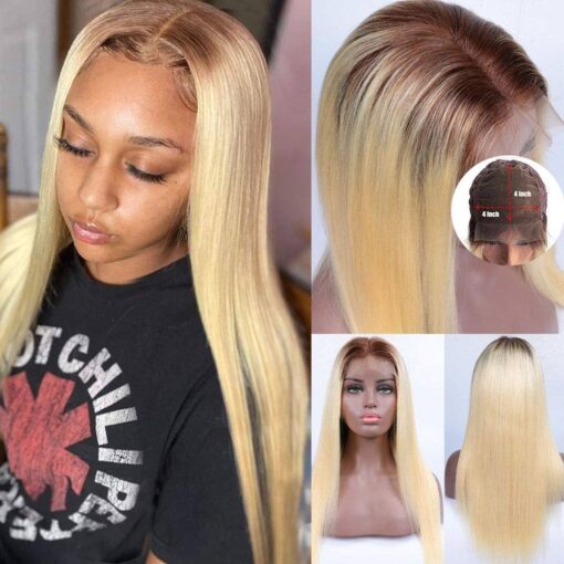 #4/613 Brown Roots Lace Front Wigs 150% Density Blonde Human Hair 4X4 Lace Closure Wigs Glueless Silky Straight Brazilian Virign Hair Pre Plucked MI1610296