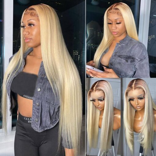 #4/613 Dark Brown Roots Lace Front Wigs 150% Density Blonde Human Hair 4X4 Lace Closure Wigs Glueless Silky Straight Brazilian Virign Hair Pre Plucked MI1610275