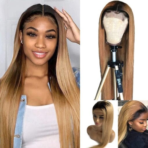 4X4 Lace Closure Wig 12 Inch Honey Blonde Human Hair Wigs Dark Roots For Women Black Women Brazilian Hair Straight 150% Density Glueless Lace Front Wigs MI1611665