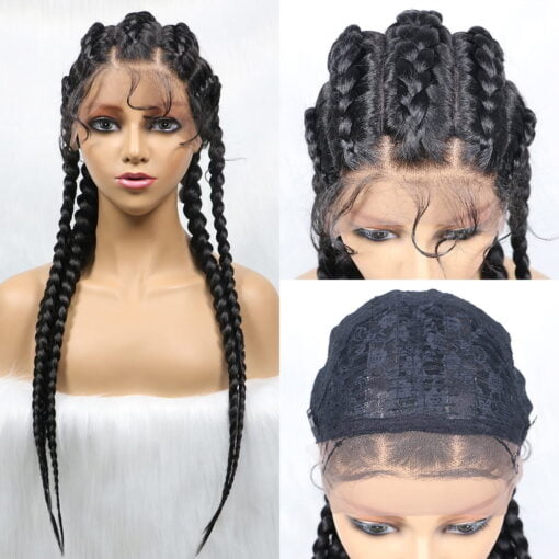 5 Braids Wig For Women Women Lace Front Wig Synthetic Braid Wigs With Baby Hair Heat Resistant Fiber Makeup Daily Wear Wigs 24 Inches #1B MI1602162