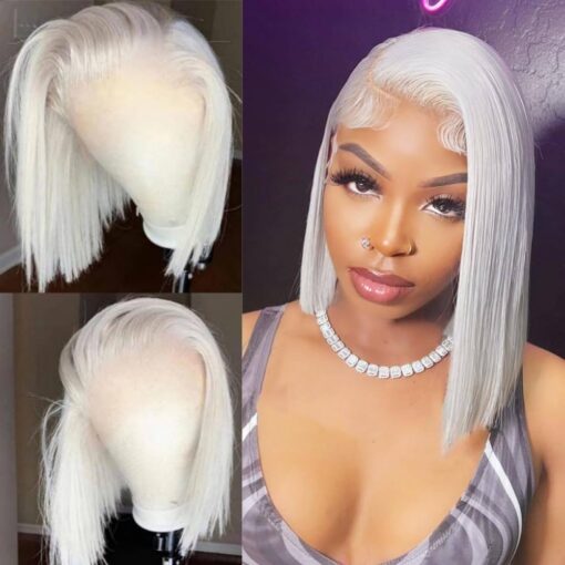 60# Platinum Blonde Wig For Women White Women Hd Transparent Lace Frontal 12 Inch White Bob Lace Front Wig With Baby Hair Pre Plucked Frontal And Bleached MI1610348