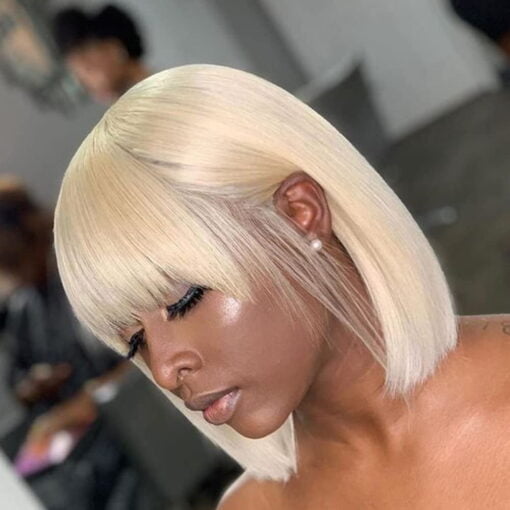 613 Blonde Bob Wig With Bangs Human Hair Straight Non Lace MI1606284