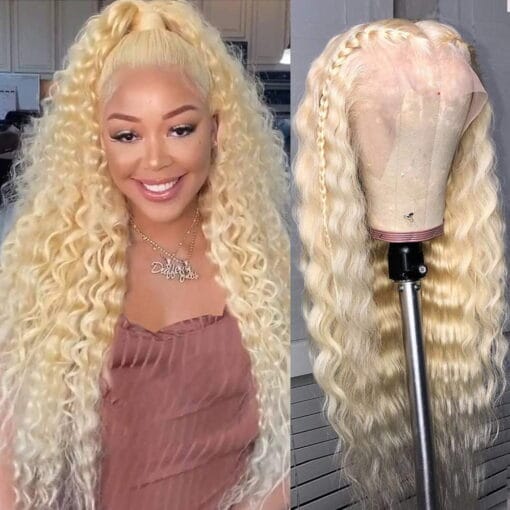 613 Blonde Lace Front Wig Human Hair 20Inch 10A Deep Wave Human Hair Wigs For Women Black Women T Part 613 Lace Frontal Wigs Human Hair Brizilian Virgin MI1609064