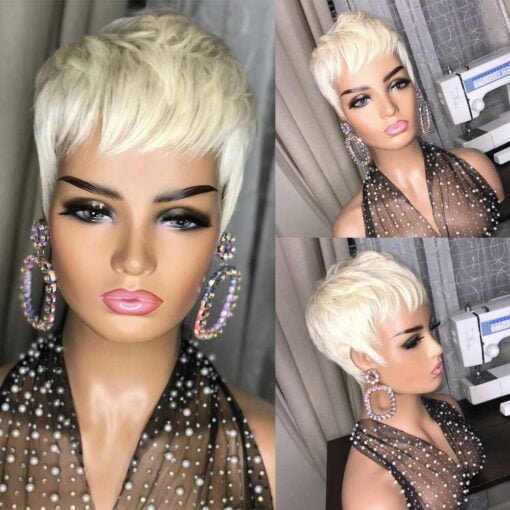 613 Blonde Pixie Short Cut Bob Wig With Bangs Wavy Human Hair Wig/Brazilian Straight Wig/For Women & Girls MI1605869