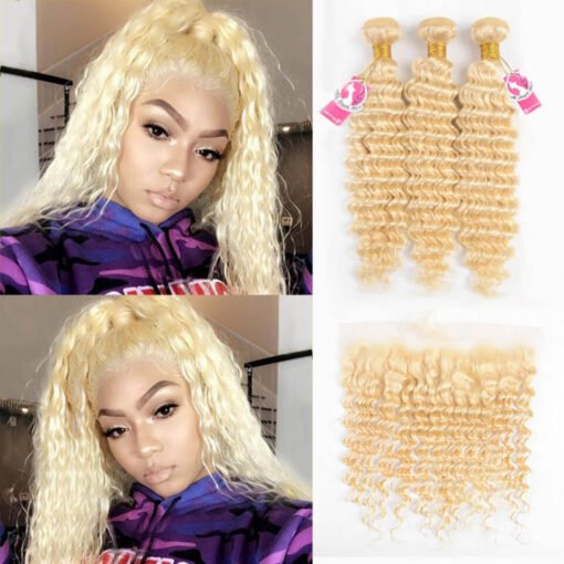 613 Bundles With Frontal Deep Wave Blonde Weave Hair MI1603702